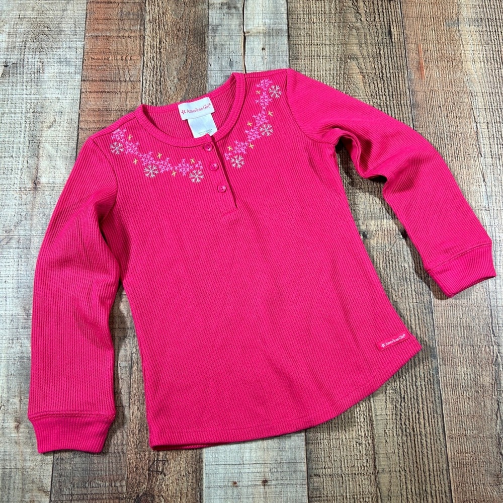 American Girl Pink Waffle Knit Fair Isle Pajama Top Henley Snowflake Shirt XS 6
